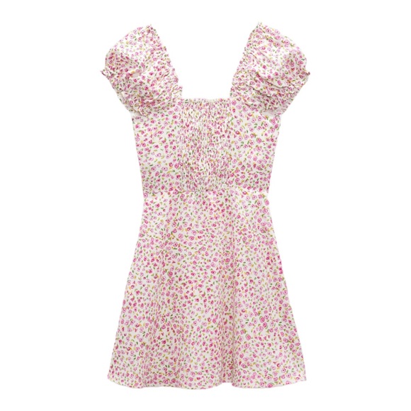Zara Linen Blend White & Pink Floral Mini Dress Size Medium - Picture 6 of 9